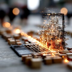 Leinwandbilder - Conceptual Digital Transformation: Laptop Dissolving into Abstract Cityscape of Data and Light.