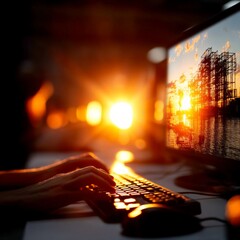 Leinwandbilder - Golden Hour Coding: Hands Typing on Keyboard with Industrial Sunset Image on Screen