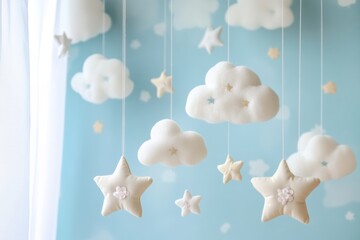 Fototapete - Delicate stars and clouds creating a whimsical nursery decor for a calming atmosphere in a childs room