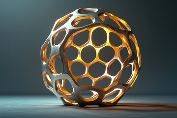 Poster - A futuristic, hollowed-out sphere with an inner glow, set against a minimalist gray background, creating a sci-fi aesthetic.