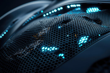 Poster - Abstract close-up of a sleek, modern design with a dark, perforated surface and glowing blue LED lights.