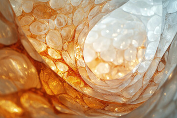 Poster - Abstract macro shot of translucent, golden bubbles clustered together, creating a flowing, organic tunnel of light and texture.