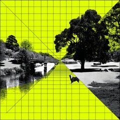 Poster - Abstract Landscape with Dog: Yellow Grid, Black and White Textures, and Geometric Division of Space.