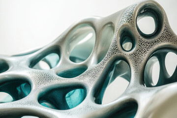 Poster - Abstract structure with interconnected holes, featuring a textured surface and blue accents against a bright, clean background, creating a futuristic aesthetic.