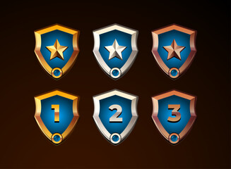 Wall Mural - 3d diamond glossy game icon shield frame gold with gold, silver, bronze rank badge