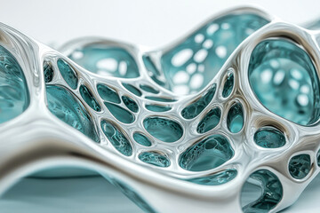 Poster - Abstract structure with organic shapes, a blend of silver and turquoise colors, creating a modern and futuristic aesthetic with cellular-like forms.
