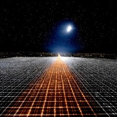 Poster - Celestial Grid: A Luminous Pathway Through Starry Night, Leading to City Lights Below