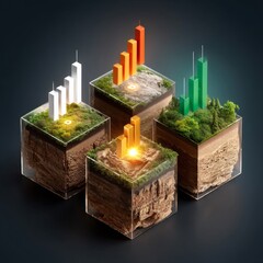 Poster - Data Landscape: Bar Graphs on Terrestrial Cubes Showcasing Growth and Environmental Factors