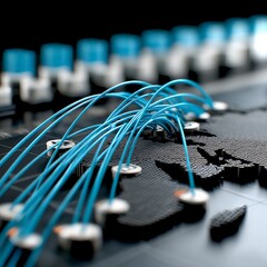 Aufkleber - Global Network Connectivity: Blue Cables Connecting a Detailed World Map for Data Transmission