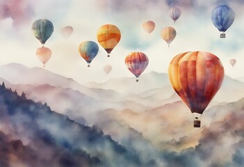 Wall Mural - balloons mountain watercolor flying painting hot air colorful over decorative fly spring colours forest texture landmark summer cute travel balloon illustration holiday colourful design background