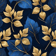 Aufkleber - Golden And Blue Leaves Art Background Texture, A Decorative Metallic Foliage Pattern, Intricate Design Element. An Elegant Nature Illustration. A Sophisticated Botanical Backdrop.