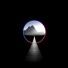 Aufkleber - Mystic Gateway: A Neon-Framed Peak Emerges Through the Darkness, Guiding You Down a Path of Horizon Lines.