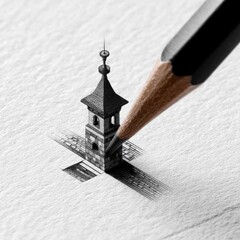 Poster - Sketching Dreams: A Graphite Pencil Brings an Intricate Tower to Life on Textured Paper, Shadows Dancing Around It