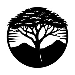 silhouette tree of life vector art with birds and mountains landscape background design