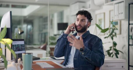Aufkleber - Phone call, conversation and man in office for explaining creative project to client at night. Cellphone, business and male magazine editor on mobile discussion for deadline management in workplace.