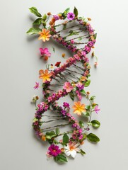 Poster - Striking double helix DNA structure formed from vibrant flowers and lush leaves symbolizing organic evolution and natures beauty