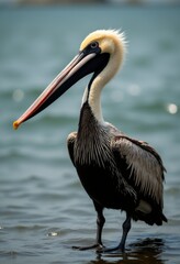 Wall Mural - a brown pelican standing in the water with its beak open, its feathers glistening in the sunlight th