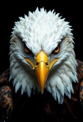 Wall Mural - a majestic bald eagle with its white, brown and yellow feathers standing out against a black backgro