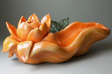 Leinwandbilder - Exquisite orange lotus flower sculpture elegantly nestled on a smooth, flowing base