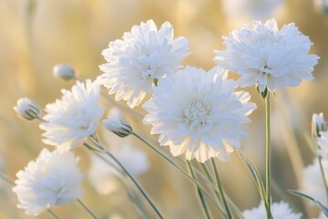 Aufkleber - Beautiful white flowers blooming in a serene field during golden hour with soft sunlight illuminating their delicate petals