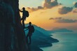 © vasyl pshyk - Silhouetted climbers helping each other ascend against a vibrant evening sky over mountains and sea