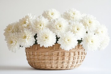 Poster - White flowers arranged in a woven basket create a serene and fresh atmosphere in a bright indoor setting