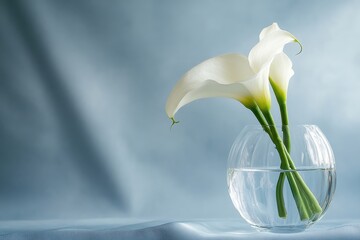 Aufkleber - Elegant white calla lilies in a glass vase on a soft blue background creating a serene atmosphere