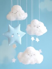 Fototapete - Delicate clouds and stars hanging softly in a nursery display for a calming atmosphere