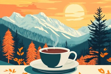 Aufkleber - Creative illustration of coffee steaming with mountains and pine trees at sunrise, evoking tranquility in natures beauty