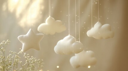 Fototapete - Delicate stars and clouds suspended in soft nursery decor create a calming and whimsical atmosphere for a childs room