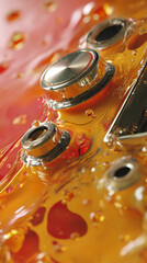 Fototapete - Close-up of amber liquid flowing over metallic knobs, creating dynamic ripples and reflections, showcasing a sense of fluidity and luxurious design