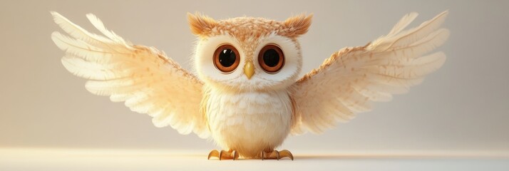 Poster - Cute owl with wings spread calmly on white background showcasing soft feathers and detailed eyes in a serene setting