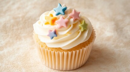 Aufkleber - Delightful cupcake topped with pastel stars showcasing a soft paper texture during a celebration or party