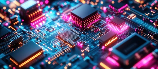 Wall Mural - close-up of illuminated circuit board; tech background; electronics manufacturing