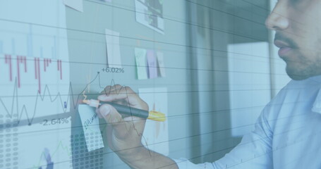 Wall Mural - image of interface with graphs and data with man in office making notes on wall