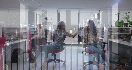 Wall Mural - image of interface showing data and statistics with business colleagues communicating in office