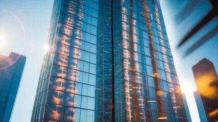 Wall Mural - an abstract representation of a skyscraper showcasing a window grid pattern, with blurred light refl
