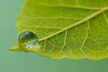 Fototapete - Close-up of water droplet on green leaf, showcasing leaf texture and water reflection, symbolizing nature, purity, and freshness