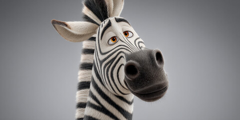 Fototapete - Close-up of a cartoon zebra's head, showcasing black and white stripes, furry texture, and expressive eyes, representing playful innocence and wildlife