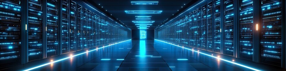 An ultra-modern financial data center with endless rows of glowing blue servers, symbolizing AI-driven wealth management and digital assets security.