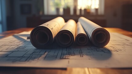 Blueprint scrolls on table with daylight background