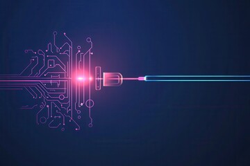 Wall Mural - Laser Creating a Microchip in Minimalist Line Art on Dark Blue Background
