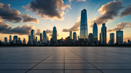Wall Mural - sunset over asphalt road plaza and modern city architecture