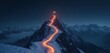 © Viktor - Panoramic mountain landscape with path leading to summit with flag. Concept of goal achievement business success. Glowing path at night shows mission journey. Ideal for inspirational design travel,
