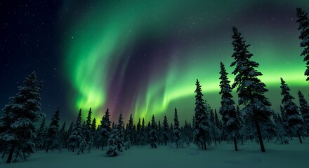 Wall Mural - northern lights dancing above a snowy pine forest.