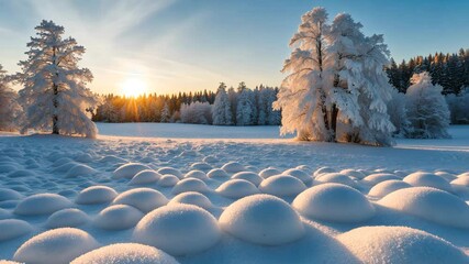 Wall Mural - scenic panoramic view of a breathtaking white winter wonderland illuminated by beautiful golden even
