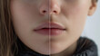 © Mehran - Young woman before and after treatment of dry lips, closeup