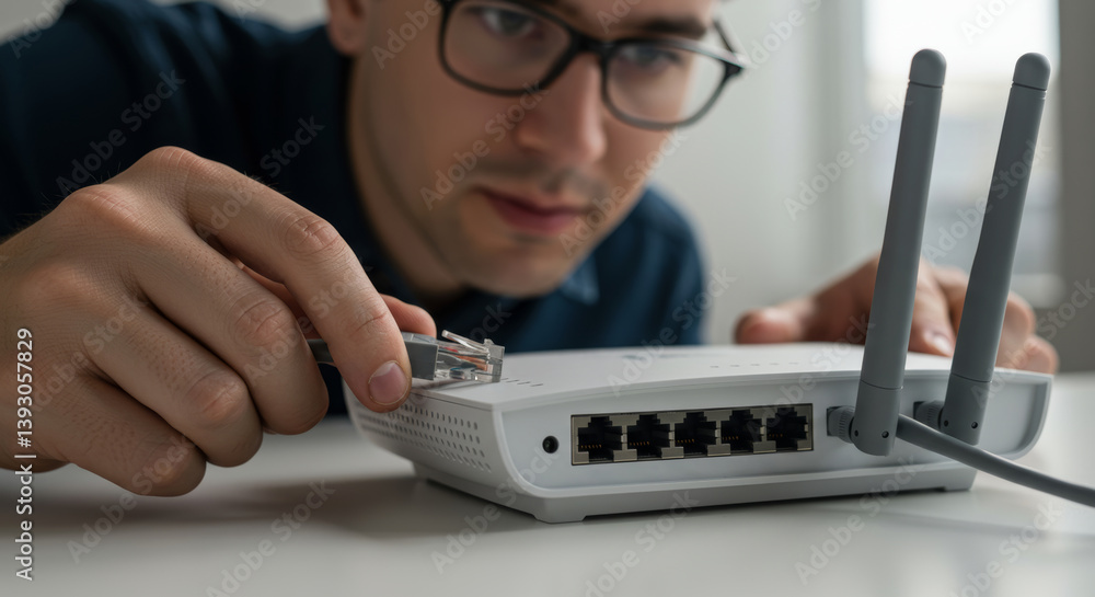 Plug Into Router Phone A person plugs a cord into a router Stock Photo | Adobe Stock