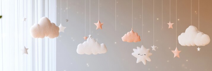 Fototapete - Delicate stars and soft clouds hanging from invisible strings create a whimsical nursery decor for a serene atmosphere