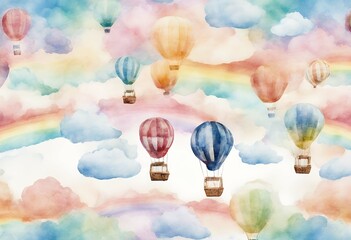 Wall Mural - shower cards template rainbow drawn watercolor greeting illustration hot clouds air isolated pastel invitations hand balloons background white frame baby aircrafts invitation painting card party
